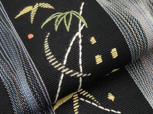 平和屋着物*夏物 八寸名古屋帯 刺繍 笹竹文 黒地 正絹 逸品 CABL7816tx