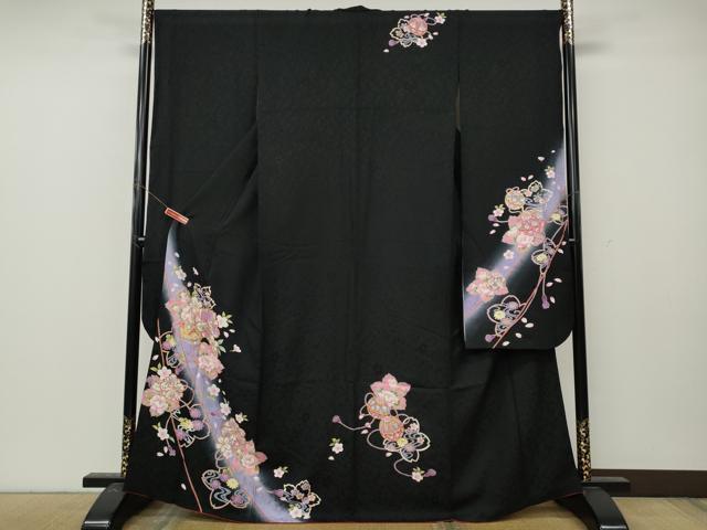 平和屋着物●豪華振袖 舞花鞠文 暈し染め 黒地 金彩 正絹 逸品 CABL8451ut