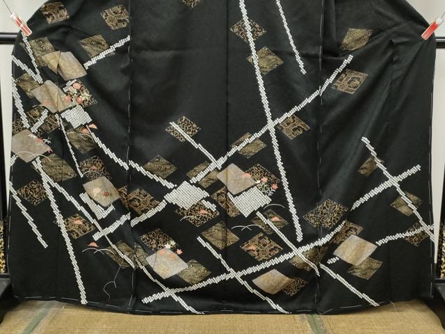平和屋着物●訪問着 絞り 刺繍 菱花文 黒地 金彩 仮絵羽 正絹 逸品 未使用 CABL8478ut