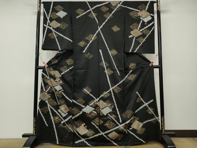 平和屋着物●訪問着 絞り 刺繍 菱花文 黒地 金彩 仮絵羽 正絹 逸品 未使用 CABL8478ut
