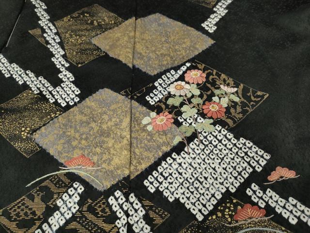 平和屋着物●訪問着 絞り 刺繍 菱花文 黒地 金彩 仮絵羽 正絹 逸品 未使用 CABL8478ut