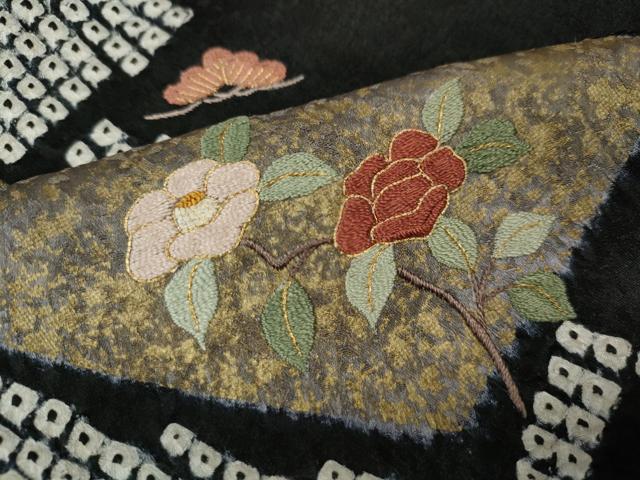平和屋着物●訪問着 絞り 刺繍 菱花文 黒地 金彩 仮絵羽 正絹 逸品 未使用 CABL8478ut