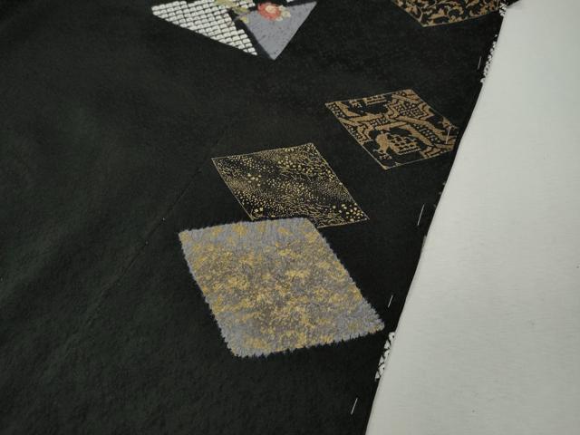 平和屋着物●訪問着 絞り 刺繍 菱花文 黒地 金彩 仮絵羽 正絹 逸品 未使用 CABL8478ut