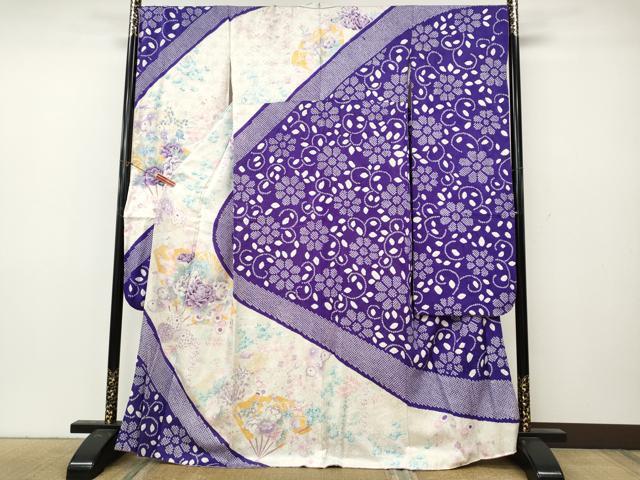 平和屋着物●豪華振袖 駒刺繍 絞り 扇面花文 銀彩 正絹 逸品 CABL8482ut