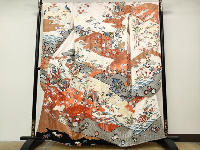 平和屋着物●豪華振袖 駒刺繍 御所車飛鶴花文 金彩 正絹 逸品 CABL8483ut