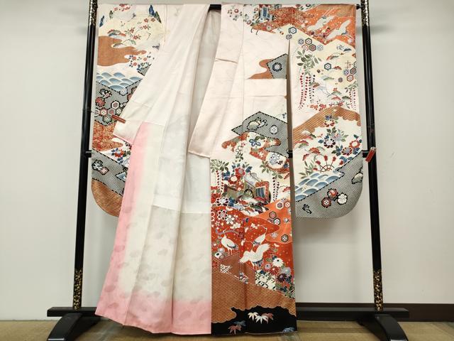 平和屋着物●豪華振袖 駒刺繍 御所車飛鶴花文 金彩 正絹 逸品 CABL8483ut