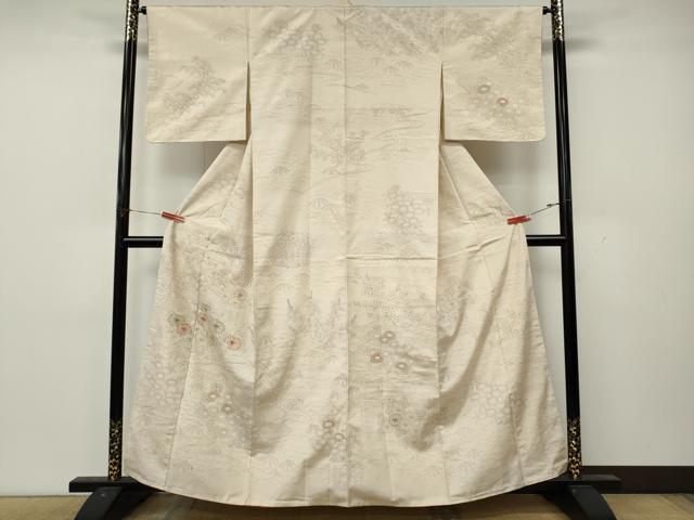 平和屋着物●中国三大刺繍 相良刺繍 訪問着 紬地 流水草花文 正絹 逸品 CABL8548ut