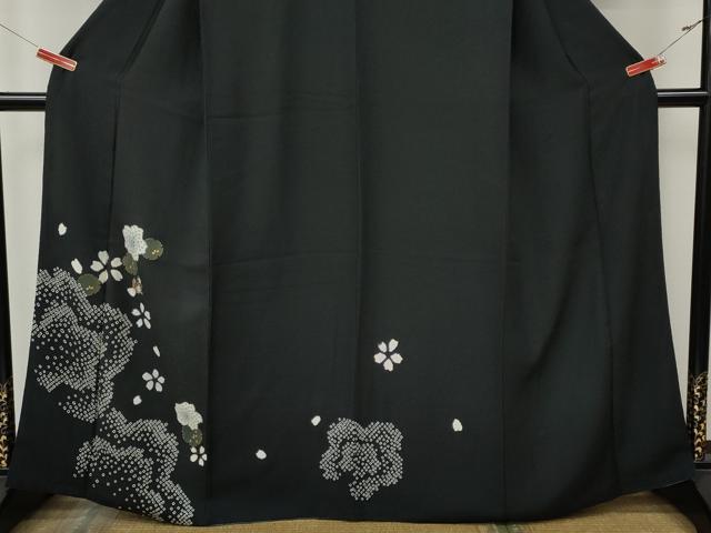 平和屋着物●訪問着 絞り 刺繍 舞花文 黒地 金彩 正絹 逸品 CABL8553ut