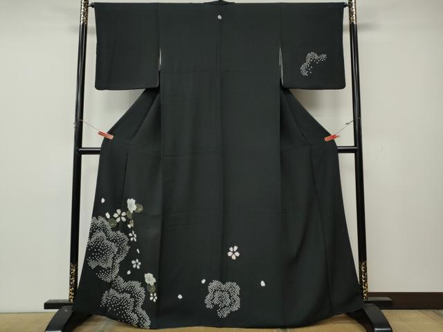平和屋着物●訪問着 絞り 刺繍 舞花文 黒地 金彩 正絹 逸品 CABL8553ut