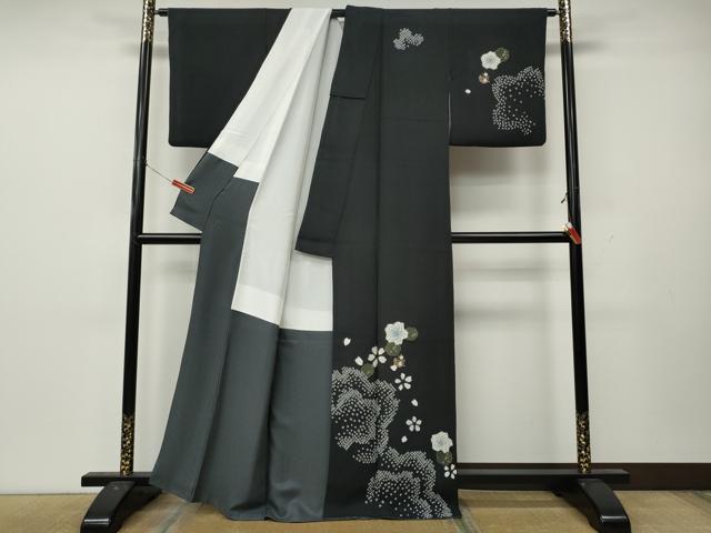 平和屋着物●訪問着 絞り 刺繍 舞花文 黒地 金彩 正絹 逸品 CABL8553ut
