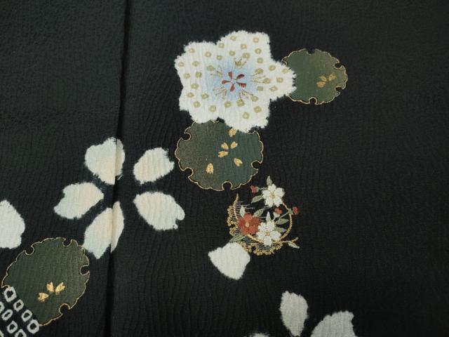 平和屋着物●訪問着 絞り 刺繍 舞花文 黒地 金彩 正絹 逸品 CABL8553ut