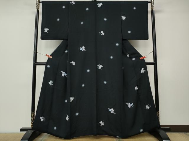 平和屋着物●上質な小紋 絞り 舞花文 蛍暈し 黒地 正絹 逸品 CABL8596ut