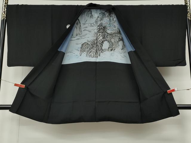 平和屋着物●男性 黒紋付・羽織セット 羽裏:風景文 正絹 逸品 CABL8610ut