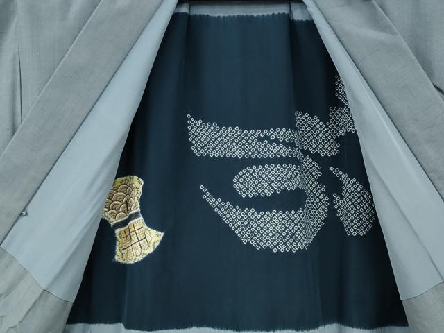 平和屋着物●男性 紬 アンサンブル 灰青色 キングサイズ 正絹 逸品 CABL8614ut