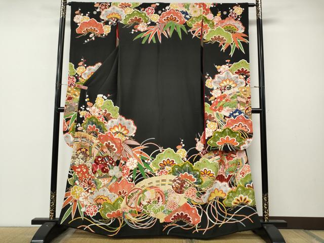 平和屋本店●アンティーク 大正ロマン 振袖 駒刺繍 扇面御所車花文 金彩 正絹 逸品 CABL8628ut