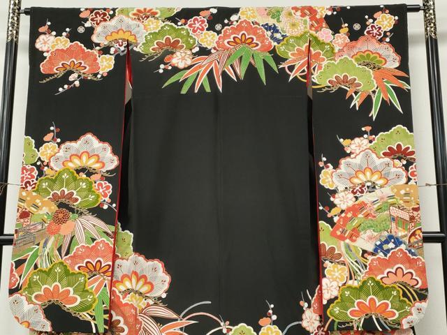 平和屋本店●アンティーク 大正ロマン 振袖 駒刺繍 扇面御所車花文 金彩 正絹 逸品 CABL8628ut
