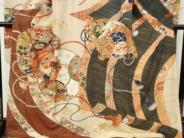 平和屋本店●アンティーク 大正ロマン 振袖 駒刺繍 鼓花文 金彩 正絹 逸品 CABL8631ut