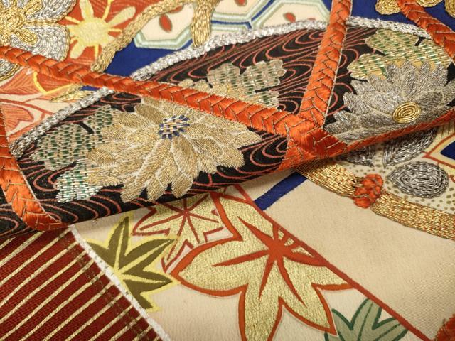 平和屋本店●アンティーク 大正ロマン 振袖 駒刺繍 鼓花文 金彩 正絹 逸品 CABL8631ut