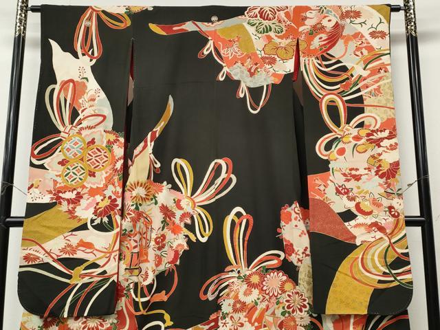 平和屋本店●アンティーク 大正ロマン 振袖 駒刺繍 鼓熨斗花文 金彩 正絹 逸品 CABL8634ut
