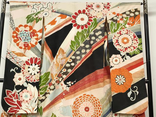 平和屋本店●アンティーク 大正ロマン 振袖 駒刺繍 草花文 金彩 正絹 逸品 CABL8635ut