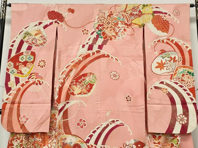 平和屋本店●アンティーク 大正ロマン 振袖 刺繍 貝合せ立波花文 金彩 正絹 逸品 CABL8636ut