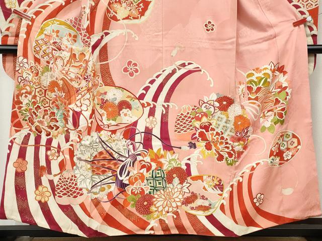 平和屋本店●アンティーク 大正ロマン 振袖 刺繍 貝合せ立波花文 金彩 正絹 逸品 CABL8636ut