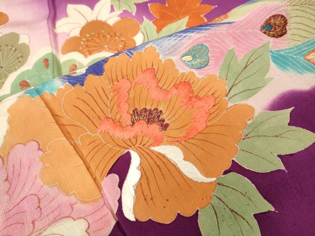 平和屋本店●アンティーク 大正ロマン 振袖 刺繍 孔雀花文 金彩 正絹 逸品 CABL8637ut
