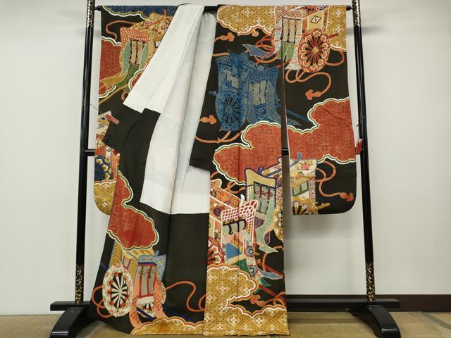 平和屋本店●アンティーク 大正ロマン 振袖 刺繍 御所車花文 金彩 正絹 逸品 CABL8638ut