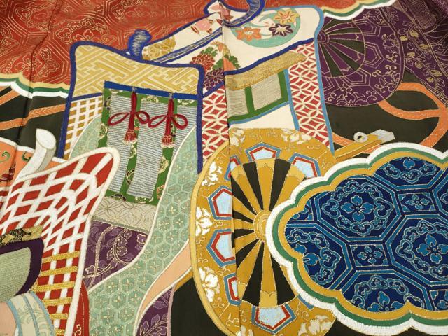 平和屋本店●アンティーク 大正ロマン 振袖 刺繍 御所車花文 金彩 正絹 逸品 CABL8638ut