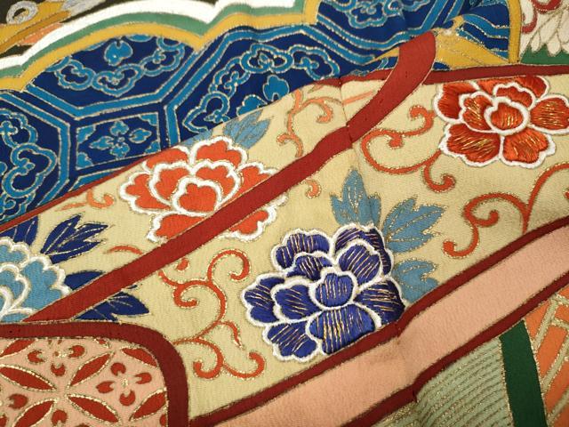 平和屋本店●アンティーク 大正ロマン 振袖 刺繍 御所車花文 金彩 正絹 逸品 CABL8638ut