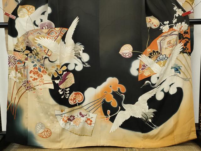 平和屋本店●アンティーク 大正ロマン 振袖 刺繍 飛鶴扇面花文 暈し染め 正絹 逸品 CABL8639ut