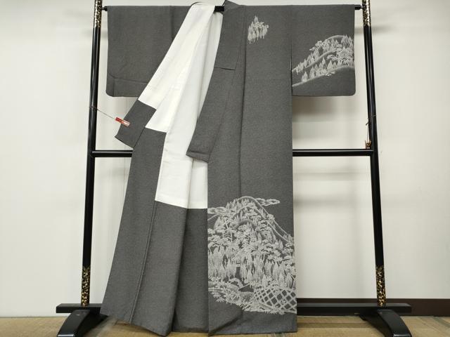 平和屋着物●訪問着 江戸小紋 風景樹林文 黒地 正絹 逸品 CABL8736ut
