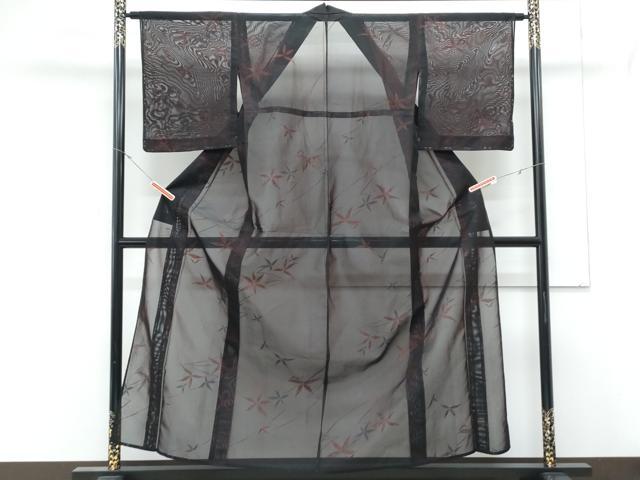 平和屋着物*夏物 小紋 紗 草葉文 黒地 正絹 逸品 CABL8811th