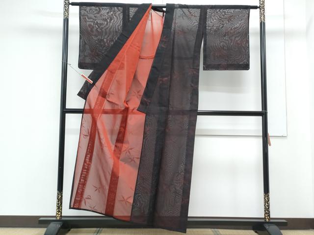 平和屋着物*夏物 小紋 紗 草葉文 黒地 正絹 逸品 CABL8811th