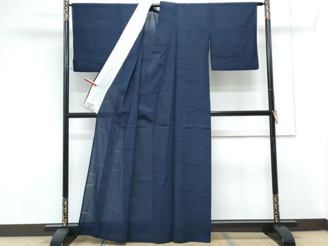 平和屋着物*夏物 色無地 芝草紋紗 濃藍色 正絹 逸品 CABL8824th