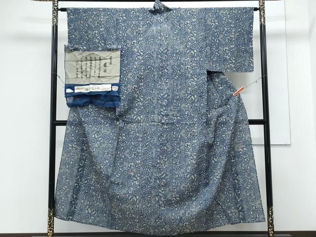 平和屋着物*夏物 角田智造 絹上布藍小紋 花唐草文 米沢 白根沢 反端付き 正絹 逸品 CABL8837th
