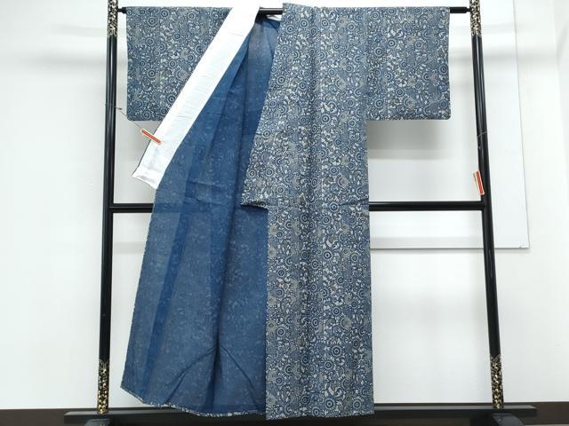 平和屋着物*夏物 角田智造 絹上布藍小紋 花唐草文 米沢 白根沢 反端付き 正絹 逸品 CABL8837th