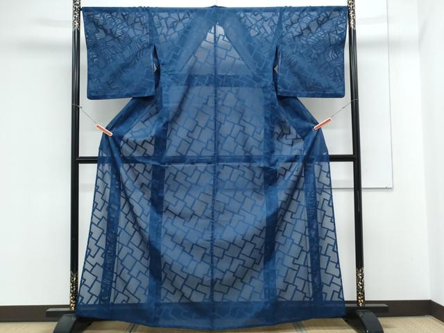 平和屋着物*夏物 色無地 色紙重ね紋紗 青藍色 洗える着物 CABL8918th