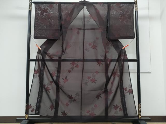 平和屋着物*夏物 小紋 紗 草葉文 黒地 正絹 逸品 CABL8946th