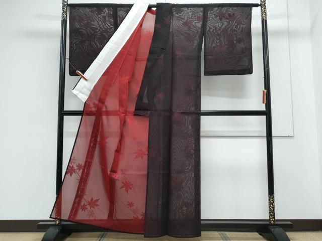 平和屋着物*夏物 小紋 紗 草葉文 黒地 正絹 逸品 CABL8946th