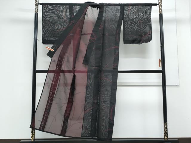 平和屋着物*夏物 小紋 紗 草花文 黒地 銀糸 正絹 逸品 CABL8971th