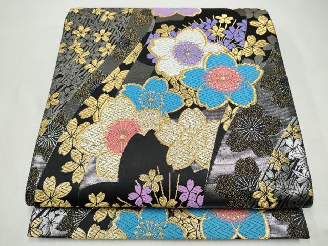 平和屋着物●両面 六通柄袋帯 唐織 舞桜文 黒地 金糸 正絹 逸品 CABL9605hy