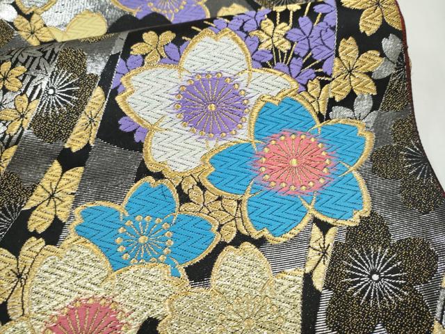 平和屋着物●両面 六通柄袋帯 唐織 舞桜文 黒地 金糸 正絹 逸品 CABL9605hy