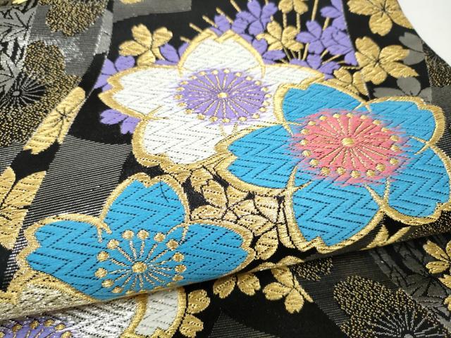 平和屋着物●両面 六通柄袋帯 唐織 舞桜文 黒地 金糸 正絹 逸品 CABL9605hy