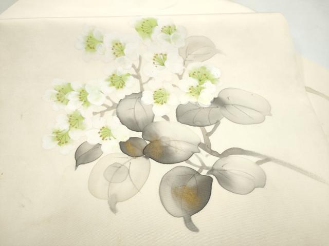 平和屋着物●塩瀬 九寸名古屋帯 作家物 手描き 枝梅文 金彩 正絹 逸品 CABL9611hy