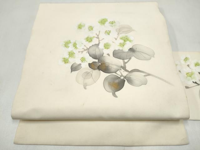 平和屋着物●塩瀬 九寸名古屋帯 作家物 手描き 枝梅文 金彩 正絹 逸品 CABL9611hy