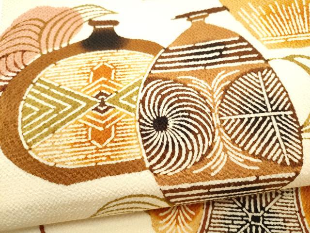 平和屋着物●全通柄 九寸名古屋帯 型染め 陶器文 鬼しぼ縮緬 正絹 逸品 CABL9612hy