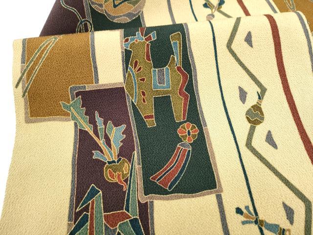 平和屋着物●全通柄 九寸名古屋帯 玩具 成物 鬼しぼ縮緬 正絹 逸品 CABL9619hy