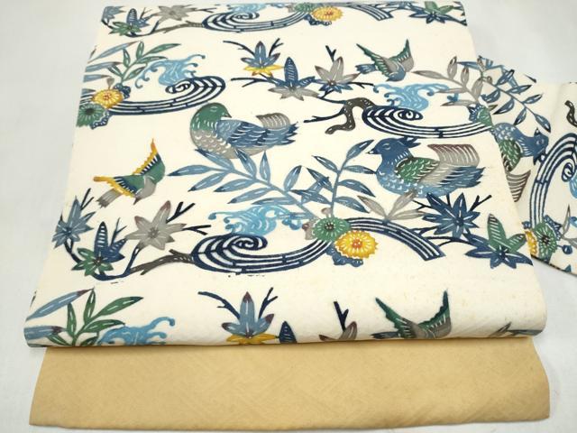 平和屋着物●九寸名古屋帯 紅型 休み鳥花文 正絹 逸品 CABL9624hy