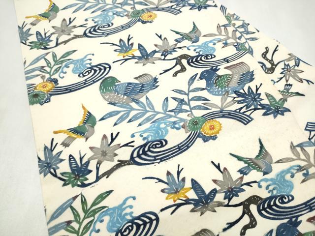 平和屋着物●九寸名古屋帯 紅型 休み鳥花文 正絹 逸品 CABL9624hy